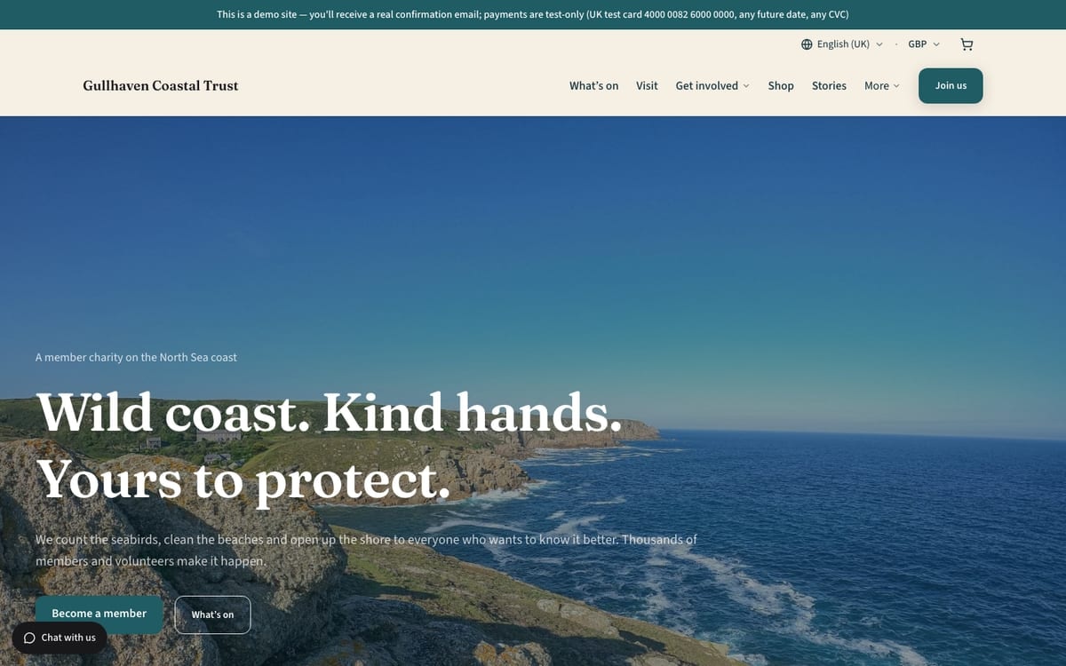 The home page of Gullhaven Coastal Trust, a demo charities & member organisations website built on mDOS