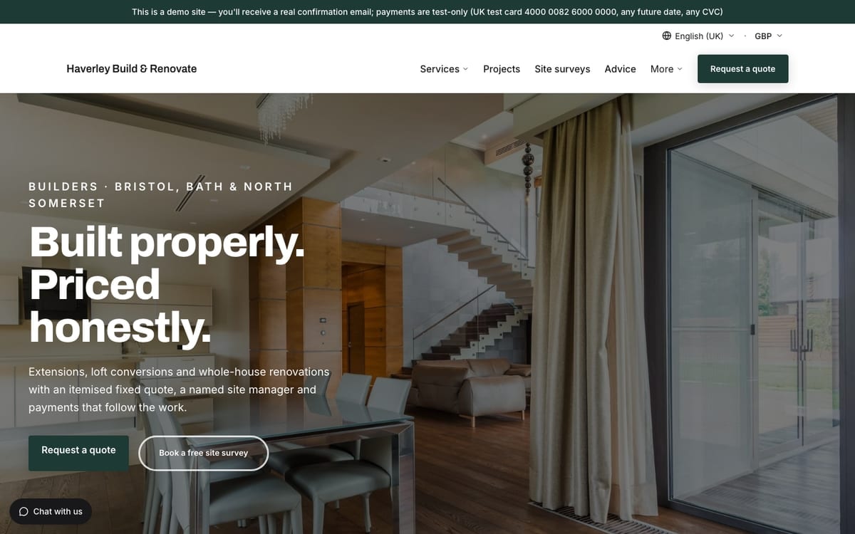 The home page of Haverley Build & Renovate, a demo construction & trades website built on mDOS