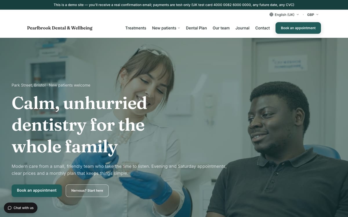 The home page of Pearlbrook Dental & Wellbeing, a demo dental & health clinics website built on mDOS