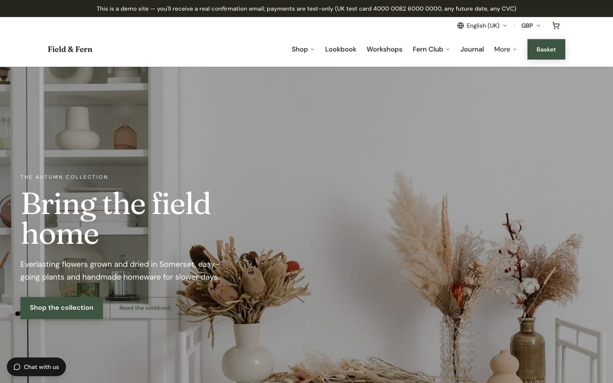 The home page of Field & Fern, a demo e-commerce & retail website built on mDOS