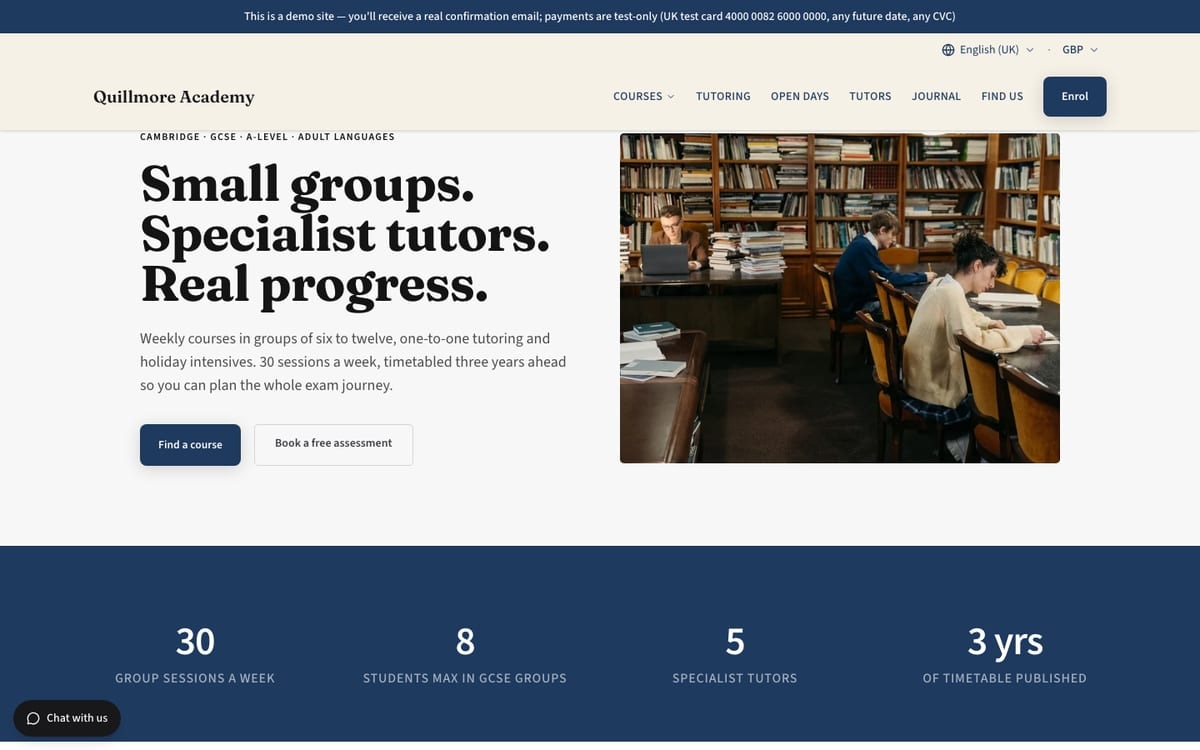The home page of Quillmore Academy, a demo education & training website built on mDOS