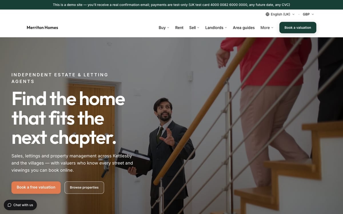 The home page of Merriton Homes, a demo estate agents & property website built on mDOS