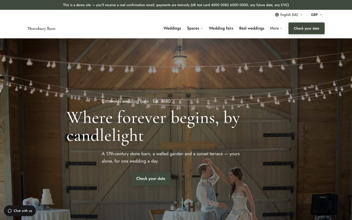 The home page of Thornbury Barn, a demo events & wedding venues website built on mDOS