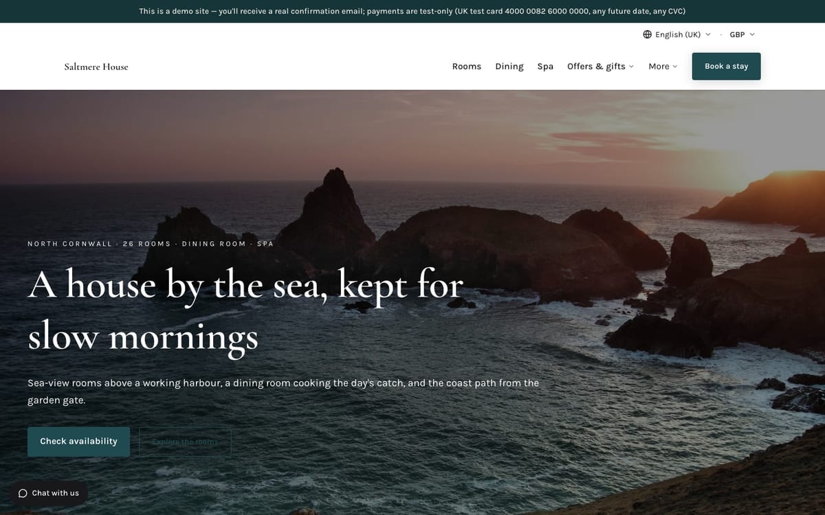 The home page of Saltmere House, a demo hospitality website built on mDOS