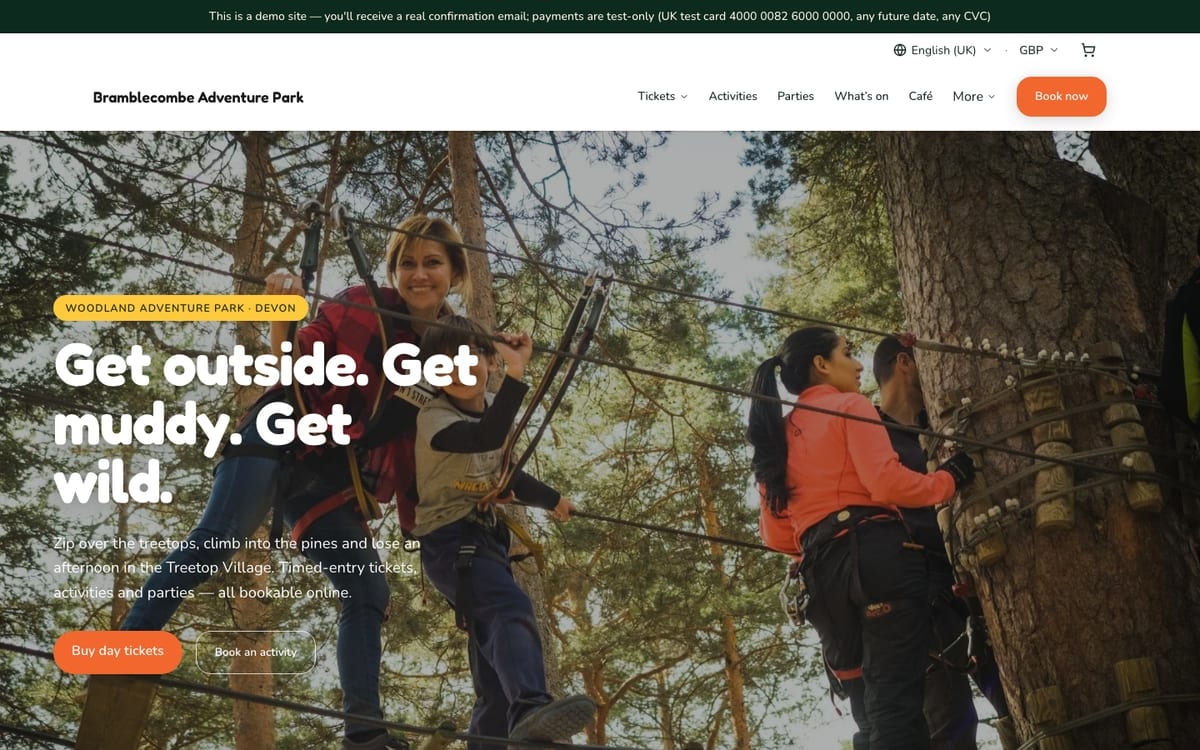 The home page of Bramblecombe Adventure Park, a demo leisure & attractions website built on mDOS