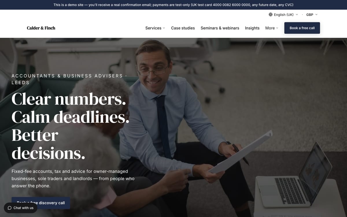 The home page of Calder & Finch, a demo professional services website built on mDOS