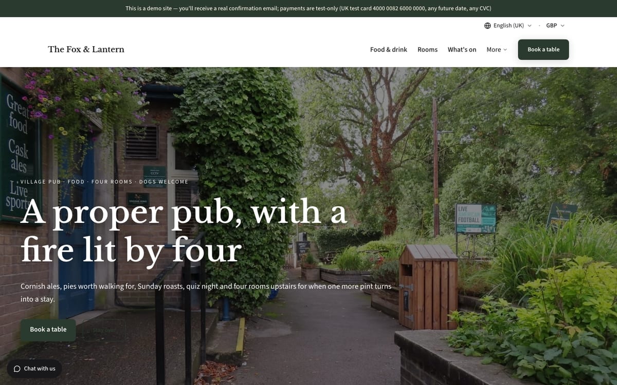 The home page of The Fox & Lantern, a demo hospitality website built on mDOS