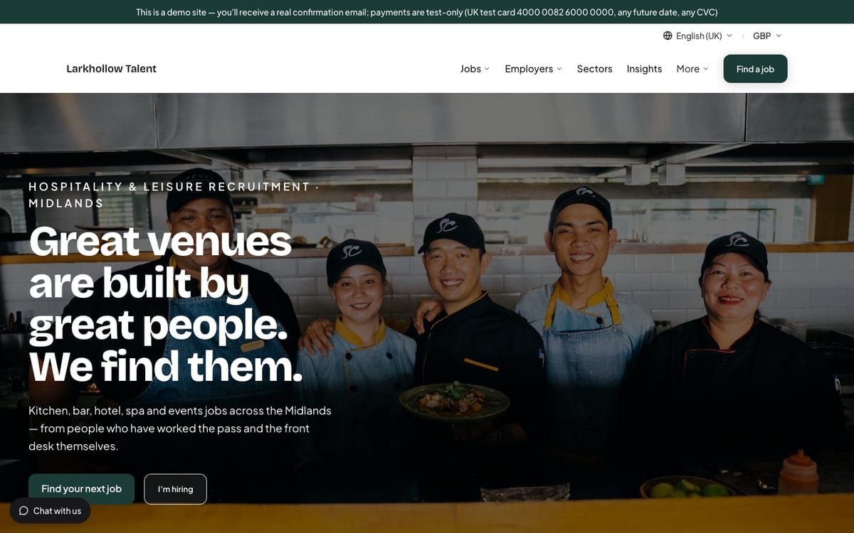 The home page of Larkhollow Talent, a demo recruitment website built on mDOS