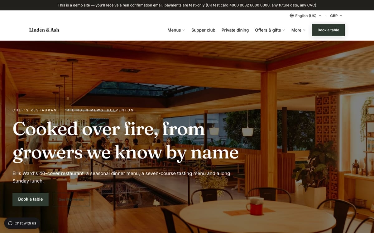 The home page of Linden & Ash, a demo hospitality website built on mDOS